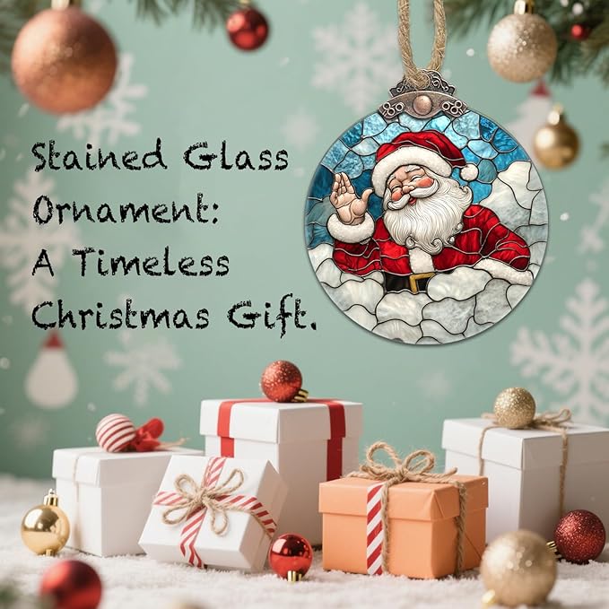 Stained Glass Christmas Decorations, Funny Santa Claus Suncatcher for Window Christmas Tree Hanging Ornaments White Clouds Sun Catcher Xmas Decor Gifts for Women Men Mom Nana Friend