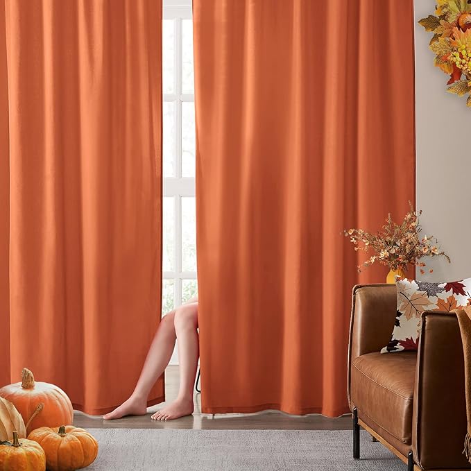 HOMEIDEAS Fall Burnt Orange Privacy Semi Sheer Curtains Non-See-Through 96 Inches Long 2 Panels Set Light Filtering Curtains for Living Room Bedroom Drapes,W52xL96
