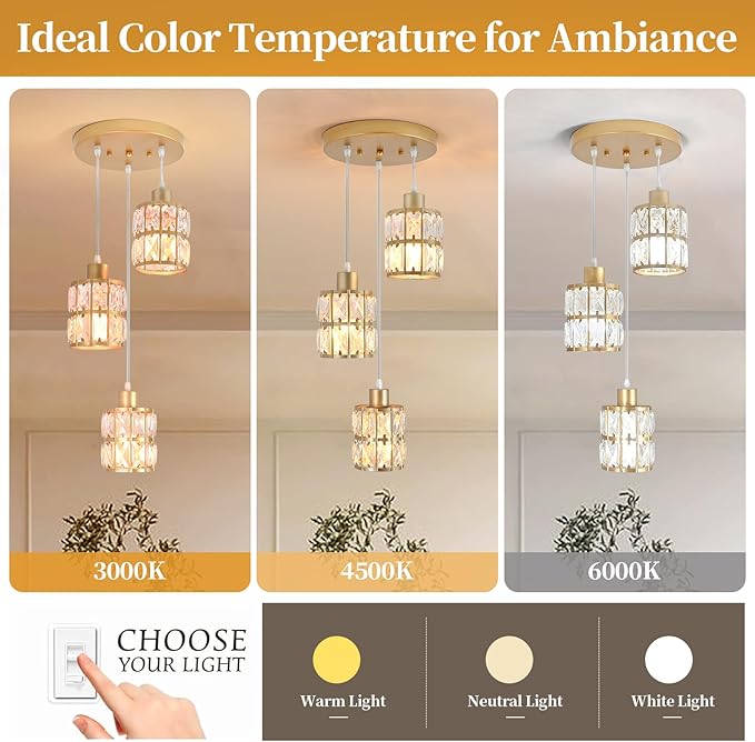 Modern Gold Crystal Pendant Light Fixture - 3-Light Adjustable Hanging Lamp for Kitchen Island, Dining Room, Living Room & Bedroom | Dimmable, Quick Install Farmhouse & Industrial Pendant Lighting