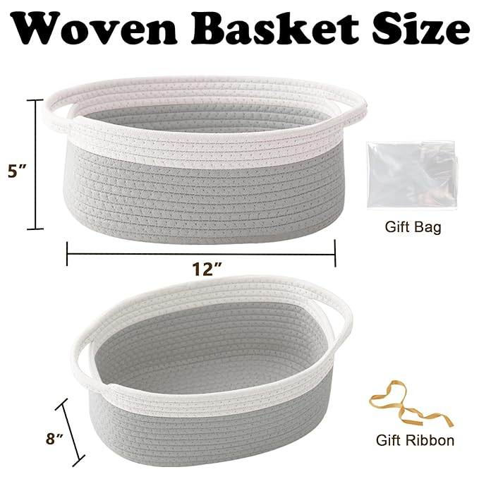 Small Woven Rope Basket-Empty Gifts Basket with Bag and Ribbons,Cute Handle Organizer Box for Birthday/Baby Shower, Toy Storage, Nursery Organizing & Shelf Decor(White&Grey)