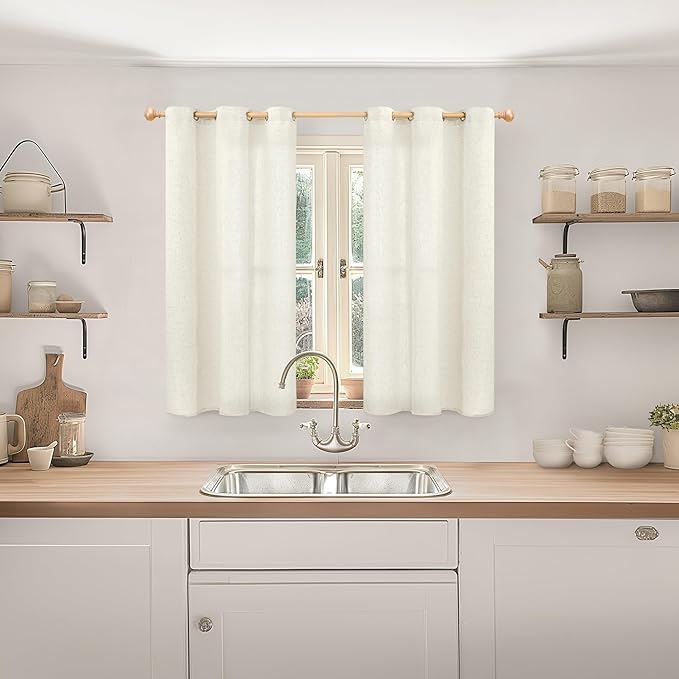 YoungsTex Short Linen Curtains 45 Inches Length for Kitchen Window - Natural Light Filtering Drapes with Grommet Semi Sheer Privacy for Bedroom Bathroom Window, 2 Panels, 42 X 45 Inch