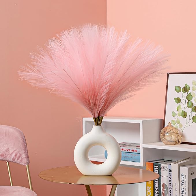 Faux Pampas Grass Decor 17.7 Inch 30pcs, Artificial Pampas Grass Fluffy Home Decor, Short Vase Room Decor pompous Grass Flower Arrangement for Boho Home Wedding Decoration (Light Pink)