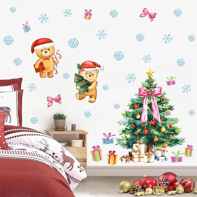 Large Christmas Tree Wall Decals Removable Watercolor Giant Pine Tree Wall Stickers Snowflake Wall Decals Peel and Stick Holiday Christmas Party Decorations