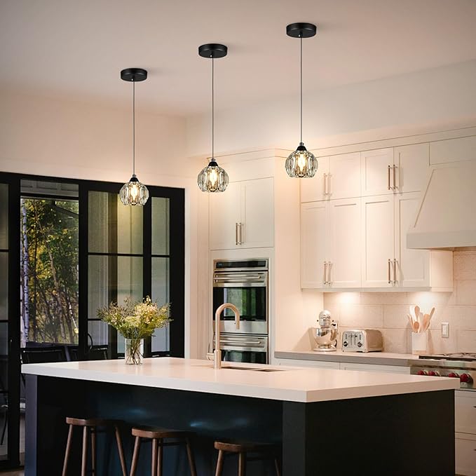 Crystal Chandeliers for Dining Room Lights Fixture Over Table, 3 Pack Black Modern Pendant Light Fixture，Crystal Pendant Lighting for Kitchen Island Bathroom Bar