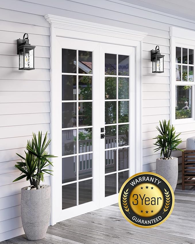 VIANIS Black Outdoor Wall Sconce, 2 Packs Outdoor Porch Lights for House, Modern Exterior Light Fixtures Wall Mount Lantern with Water-Ripple Glass, Waterproof Outside Garage Lighting for Coach