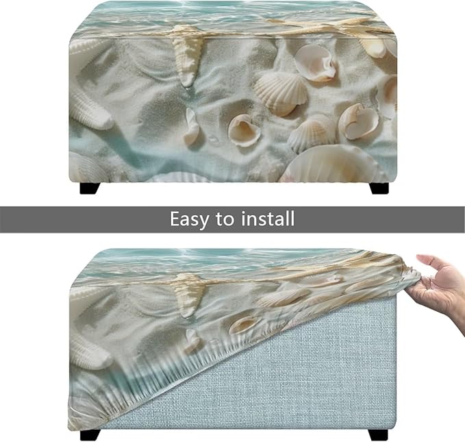 Ottoman Cover Rectangular Beach Starfish Thick Ottoman Slipcovers Elastic Nonslip Folding Storage Footrest Stool Cover Easy to Install Furniture Protector for Foot Stool Decor