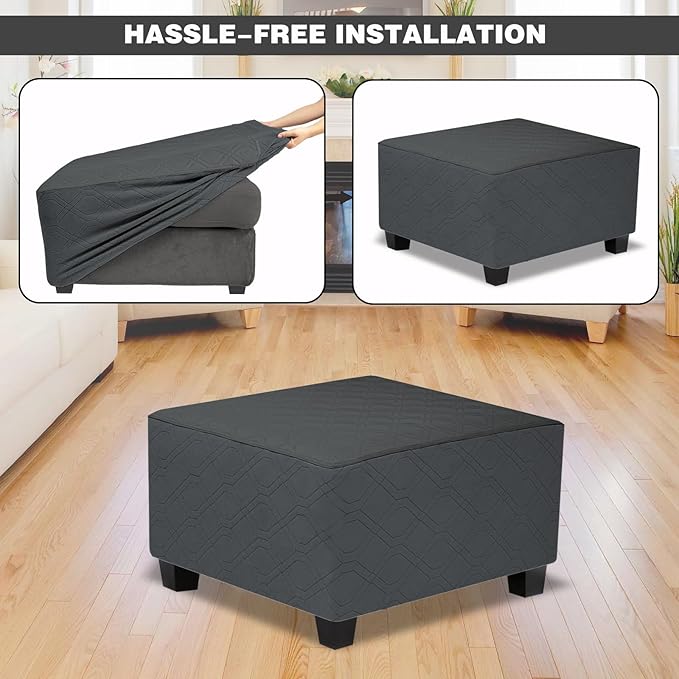 Ottoman Cover Square,Waterproof Square Ottoman Covers Thick Slipcover for Living Room,Washable Storage Footstool Furniture Protector for Dogs,Pets,Charcoal Grey,Medium