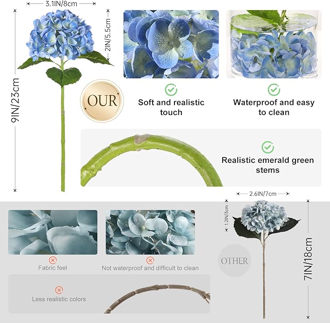 JUSTOYOU 3 Pcs Real Touch Hydrangea Artificial Flowers 22.8" Lifelike Latex Blue Hydrangeas Fake Hydrangeas for Home Decor Party Wedding Bouquets Table Centerpieces Floral Arrangements Indoor Decor