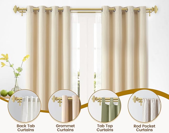 KAMANINA 1 Inch Double Curtain Rods 72 to 144 Inches (6-12 Feet) Telescoping Gold Curtain Rod for Windows 69 to 140 Inches, Long Drapery Rods with Square Finials