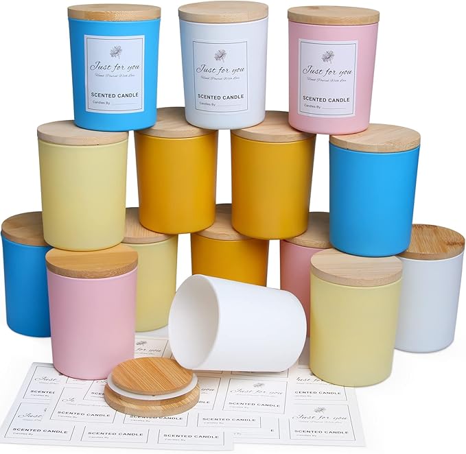 CONNOO 15 Pack Colorful Glass Candle Jars with Bamboo Lids for Making Candles, 7 oz Empty Candle Tins with Wooden Lids, Bulk Clean Candle Containers - Dishwasher Safe
