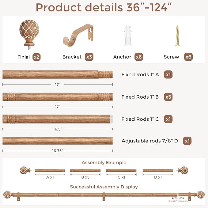Wood Curtain Rods for Windows 66 to 120 Inch, 1 Inch Diameter Adjustable Heavy Duty Wooden Curtain Rod with Unique Faux Wood cobweb Finials, Boho Vintage Decorative Drapery Rod for Farmhouse