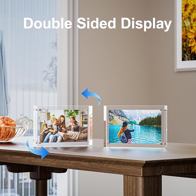 2 Pack 4x6 Acrylic Picture Frames - 20% Thicker Double Sided Magnetic Frame with UV Protection - Freestanding Clear Frameless Display for Tabletops - Modern Photo Frame Set for Home & Office Decor