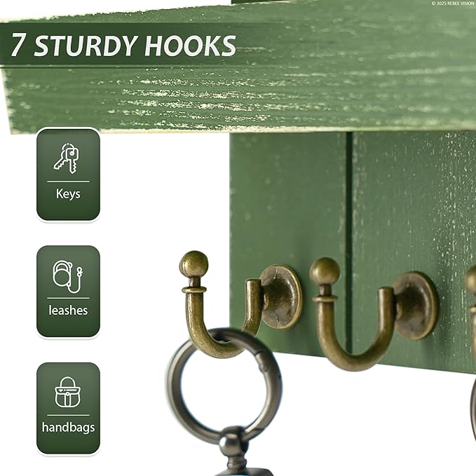 Farmhouse Pine Wood Key Holder Wall Mount - Key Holder for Wall with Floating Shelf Put Mail and Perfume - Rustic Key Hanger for Room Decor Aesthetic and Apartment Essentials (Green,15-inch)
