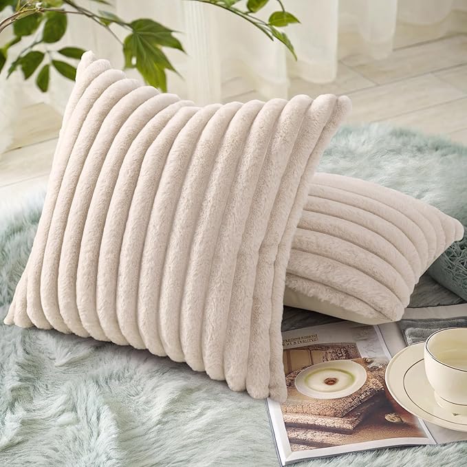 decorUhome Faux Fur Christmas Throw Pillow Covers 16x16 Set of 2, Decorative Soft Plush Striped Neutral Couch Euro Pillow Covers with Velvet Back for Sofa, Bed, Living Room Home Decor, Beige