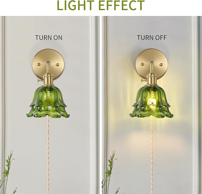 Vintage Plug in Wall Sconces Set of 2, Rose Green Lampshade & 180 Degree Adjustable, Brass Wall Lights, for Bedroom Living Room Hallway Aisle, Bulbs Not Included, ETL Listed