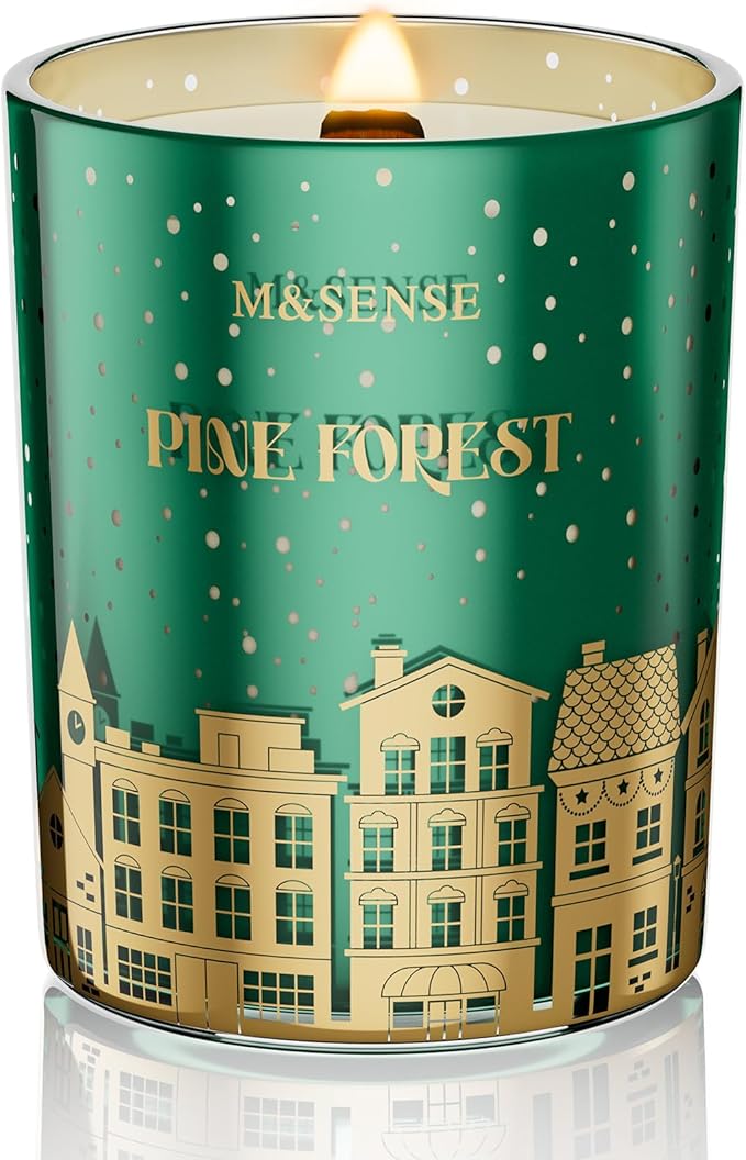 M&SENSE Pine Forest Christmas Candles, Large Winter Scented Soy Candles, Crackling Wooden Wick 18oz 100 Hours Long Lasting Clean Burn, Luxury Holiday Gifts for Relaxation, Stress Relief