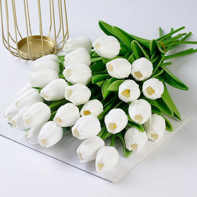 Sggvecsy 30 Pcs Fake Tulips Artificial Flowers Real Touch PU Faux Flowers Tulip Stems for Wedding Spring Bouquet Floral Arrangement Home Party Office Decorations for Mother's Day (White)
