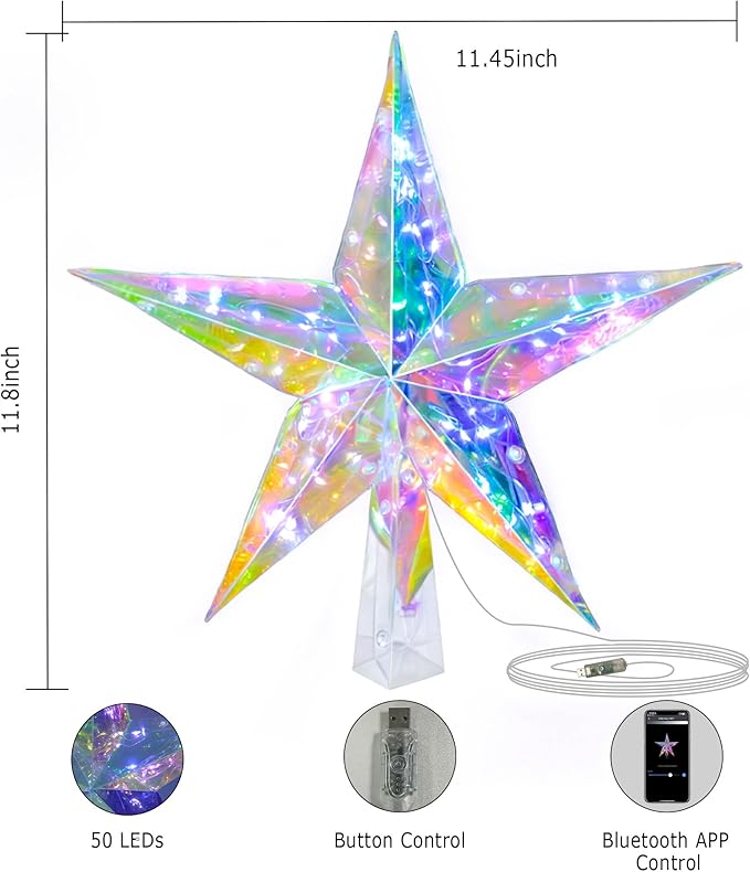 Smart Christmas Tree Topper Star App Control, 11.8" PET Christmas Tree Topper Lighted 20 LEDs RGB Color Changing Lighted Treetop Decorate for Xmas Decorations Ornaments Holiday Party Indoor Decor