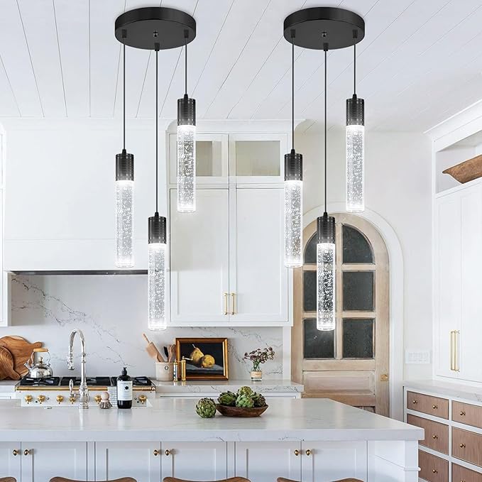 3-Lights Pendants Light for Kitchen Island Chandeliers Dining Room Pendant Lighting Fixture Bubble Crystal Ceiling Hanging Lights Bedroom Island Kitchen 6000K White Light Fixtures Black