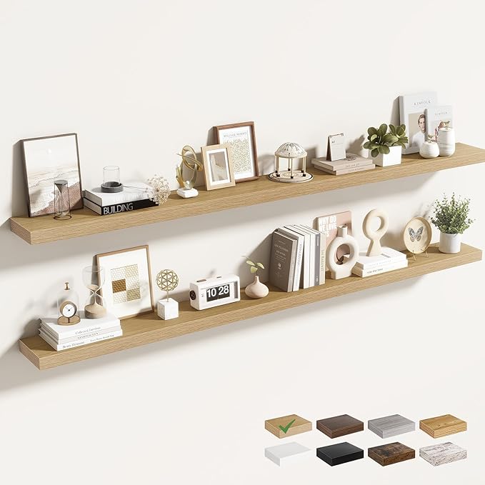 72 Inch Floating Shelves for Wall 2 Pack, 72" Wall Shelves for Books, Storage, Decor, Wall Mounted Floating Shelf with Invisible Brackets for Kitchen, Living Room, Oak
