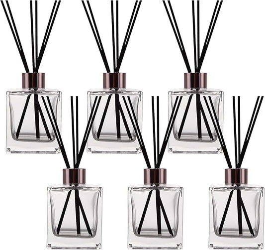 6 Pack Perfume Reed Diffuser Bottle,Empty Square Essential Oil Bottles Glass Jar with Black Sticks for DIY Fragrance Replacement Diffuser Sets (200ml/6.8 oz, Transparent Color)