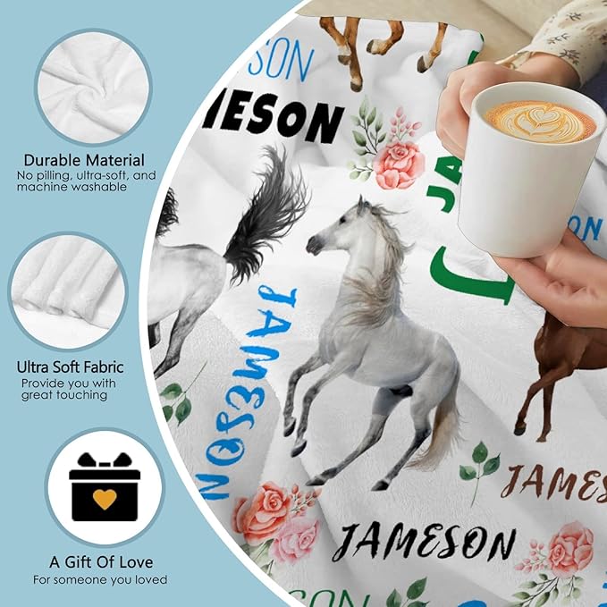 Custom Personalized Name Blanket with Floral, Ultra Soft, King Size for Horse Lovers