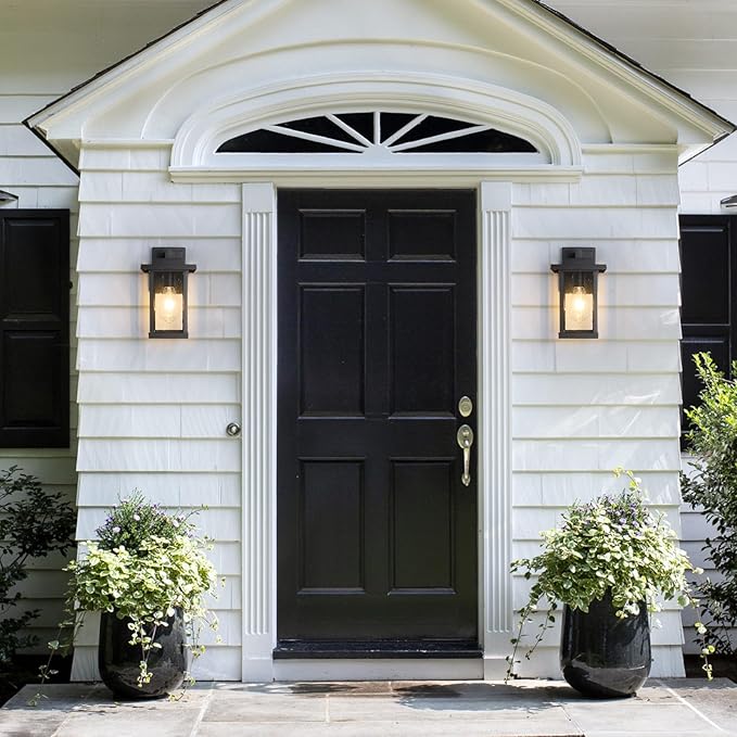 Black Exterior Light Fixtures 2 Pack, Farmhouse Outdoor Wall Sconce, Modern Front Porch Light with Seeded Glass for House Patio Garage Entrace