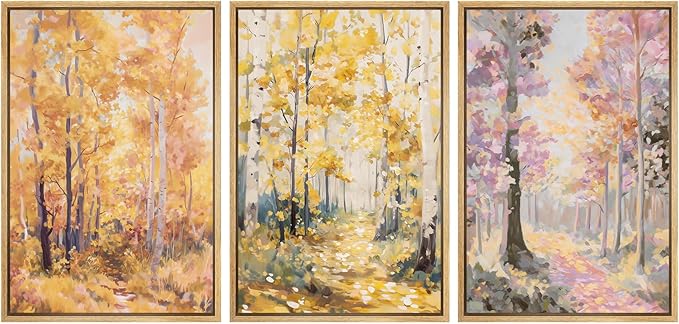 SIGNWIN Framed Canvas Print Wall Art Set Golden Autumn Forest Path Impressionist Landscape Illustrations Modern Art Decorative Chic Calm for Living Room, Bedroom, Office - 16"x24"x3 Natural