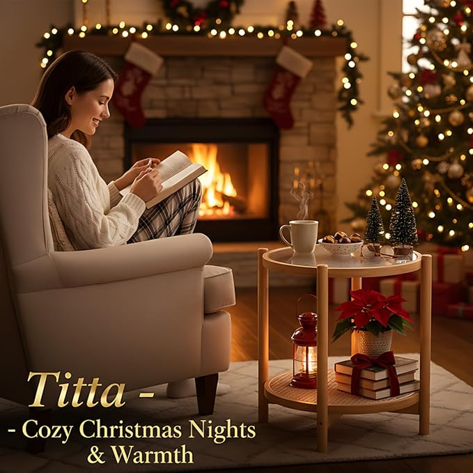 Tiita Rattan Nightstand Side Table, Bamboo Accent Bedside Tables, Glass Coffee Tables, Boho Wooden End Table with Storage for Small Space, Living Room and Bedroom