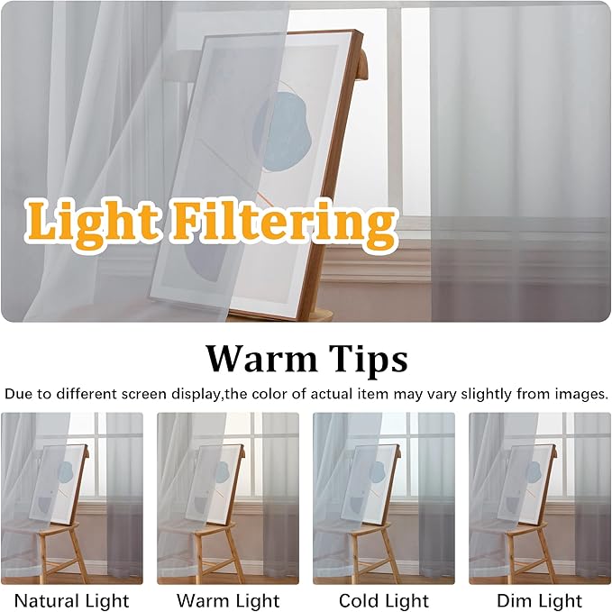 Gwine Light Grey Sheer Curtains for Living Room 45 inches Long, Short Voile Light Filtering Window Treatments Sheer Curtains for Bedroom, Half Window Drapes with Rod Pocket, Each 42" Wx45 L