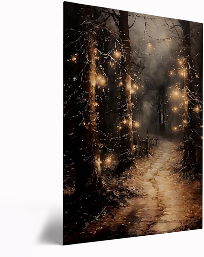 Moody Christmas Path Oil Painting - Whimsical Wall Art, Dark Cottage Core, Living Room Art, Dark Academia, Fireplace Decor - 16x24in Framed