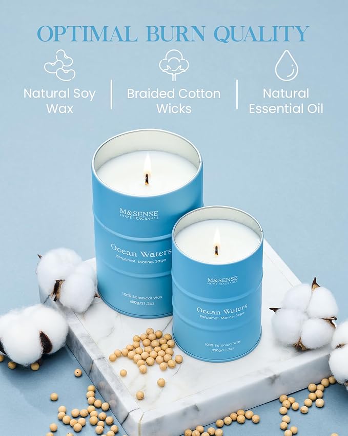 M&SENSE Ocean Waters Scented Candles Large Beach Candle, Summer Soy Candles 21.2oz 120 Hour Slow Burning,Aromatherapy Candle for Stress Relief Meditation Relaxing