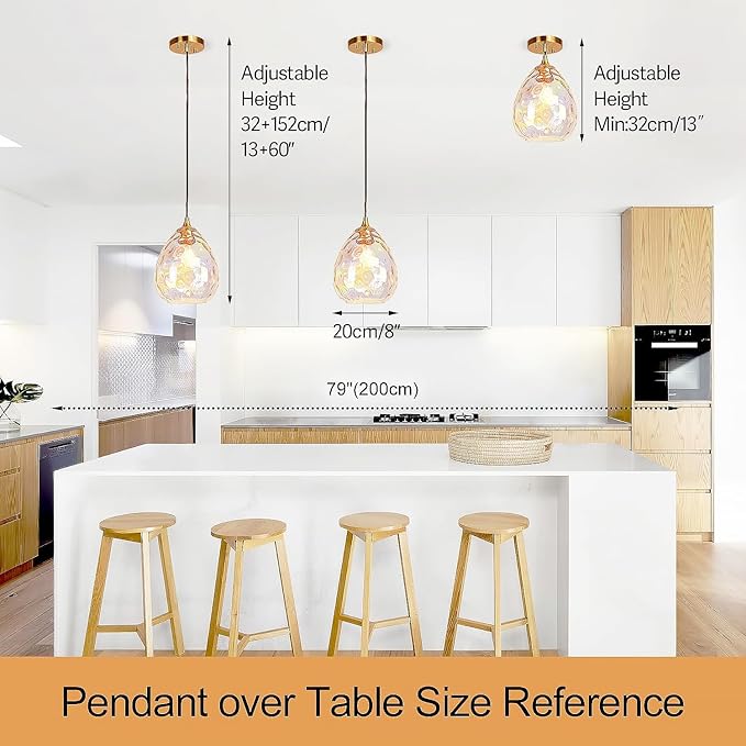 Gold Pendant Lighting with Stained Hammered Glass Shade, 1-Light Art Deco Hanging Lamp for Kitchen Island, Dining Room, Bedroom (Colorful Glass Shade)