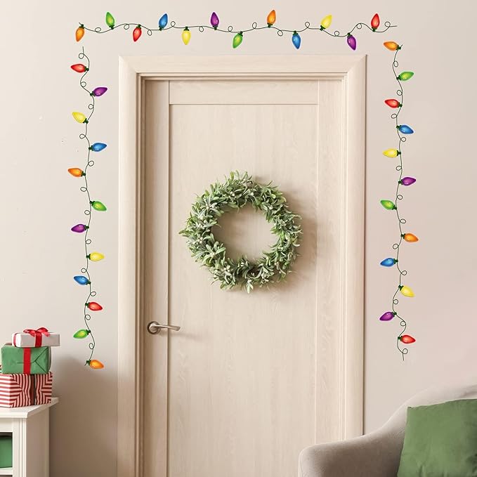 4 Sheets Christmas Wall Decals PVC Merry and Bright Stickers Christmas Bulb Lights Wall Stickers Party Supplies Window Clings Door Fridge Holiday Xmas Wall Decoration