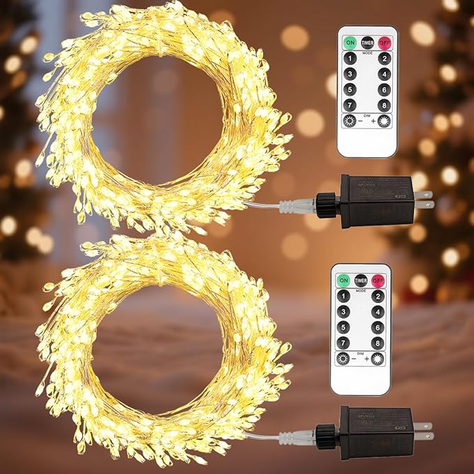Firecracker Fairy Lights Plug in,2 Pack 20ft 200LEDs Silver Wire Cluster String Lights,8 Modes Remote Twinkle Light for Outdoor Indoor Garden Bedroom Christmas Tree Holiday,Warm White