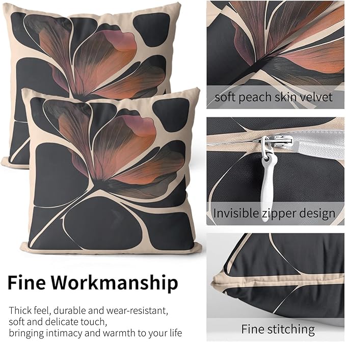 Dark Floral Pillow Protectors with Zipper Standard Size Boho Botanical Pillow Covers Set of 2 Vintage Neutral Moody Black Flower Pillowcases Mid Century Modern Bed Pillow Covers 24"X12"
