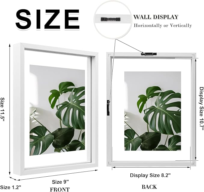 Egofine 8.5x11 Floating Frames Set of 2, Double Plexiglass Picture Frame, Made of Solid Wood Display Any Size Photo up to 8.5x11, Wall Mount or Tabletop Standing, White