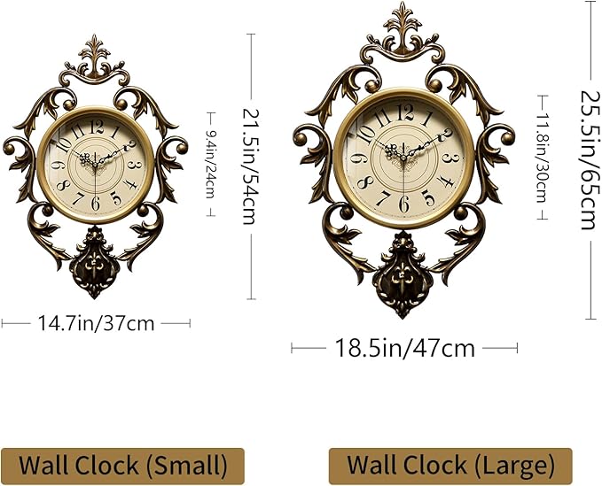 Vintage Wall Clock, Antique Decor, Battery Operated,Non Ticking European Style Metal Wall Clock, Decorative Retro,Bedroom/Living Room/Kitchen 26" x 19"