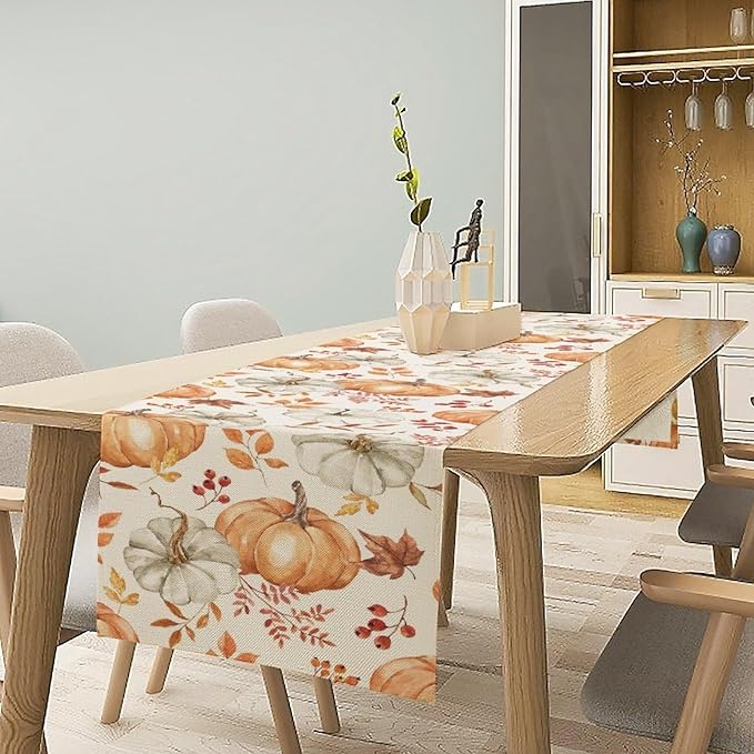 Pumpkin Table Runner Fall Orange White Colorful Leaves Berries Thanksgiving Watercolor Illustration Rustic Decor for Farmhouse Indoor Outdoor Party Holiday Dining Kitchen Restaurant Cafe W13xL108in