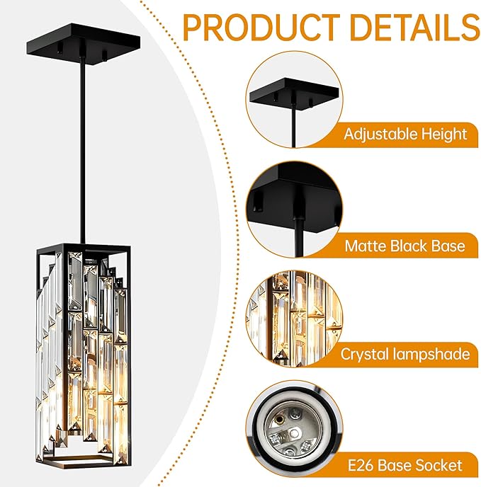 Black Pendant Lights Kitchen Island 1 Pack, Mini Crystal Chandeliers, Modern Pendant Lights Ceiling Lighting Fixtures for Kitchen Island, Dinning Room, Bedroom