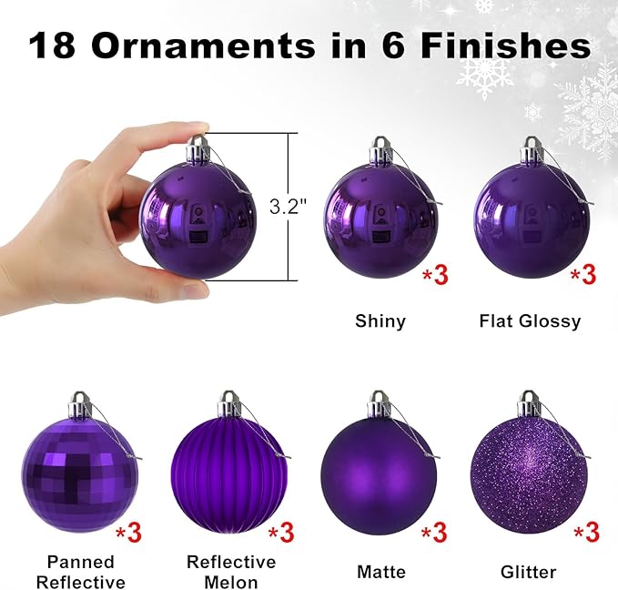Purple 3.2" Large Christmas Balls - Christmas Tree Decoration Ornaments Shatterproof Hanging Balls for Birthday Halloween Holiday Wedding Decorations Set of 18pcs