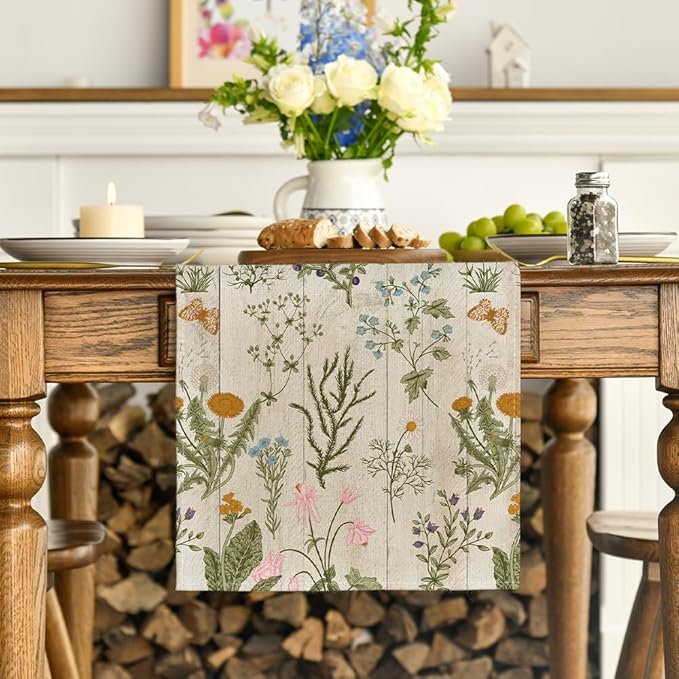 Artoid Mode Wood Wild Flowers Floral Spring Table Runner, Seasonal Summer Kitchen Dining Table Decoration for Home Party Decor 13x48 Inch
