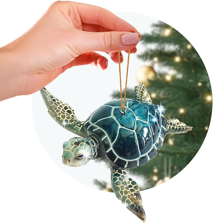 Christmas Ornaments - Home Decor - Unique Nautical Christmas Ornament Hand-Painted Blue Sea Turtle - Best for Tree Hanging, Bathroom Decorations, Stocking Stuffers, Scuba Lovers and Ocean Enthusiasts