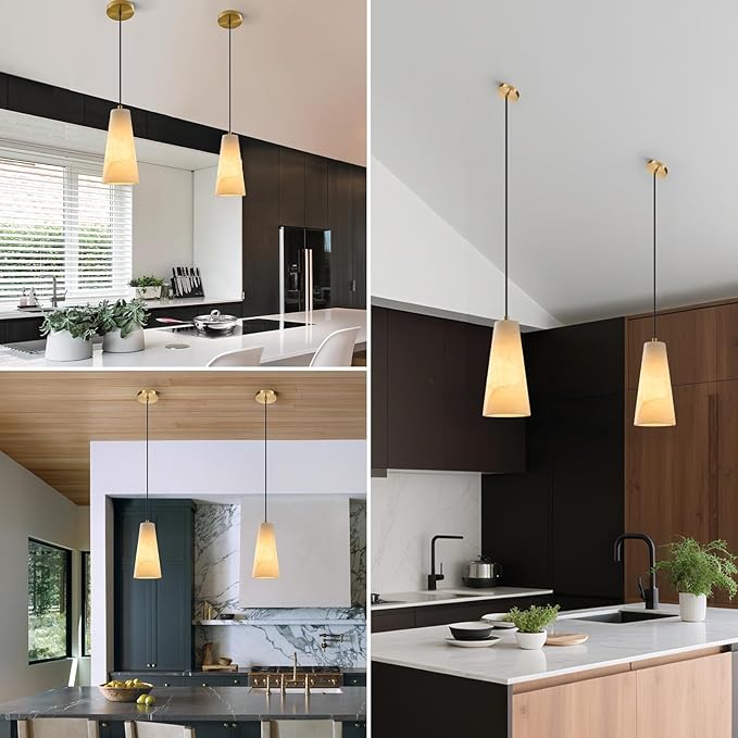 Alabaster Kitchen Island Pendant Light: White Marble Hanging Lights Set of 2 over Dining Table - Natural Stone Textured Pendants Lighting - Vintage Brass Cylinder Chandelier above Sink Bulb included