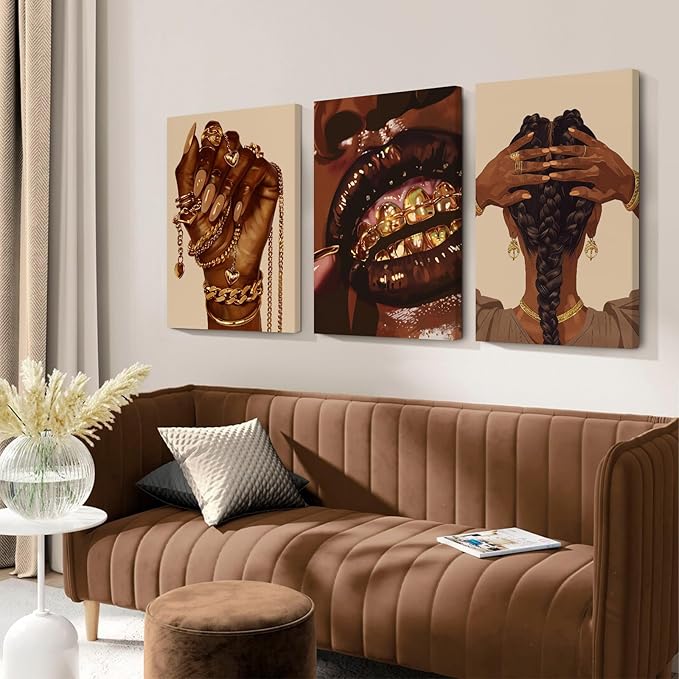Pouydmi Black Girl Wall Art African Woman Canvas Wall Decor Black Women People Art Painting Gold Fashion Poster African American Girl Pictures for Bedroom Living Room 16x24x3 Inch Ready to Hang