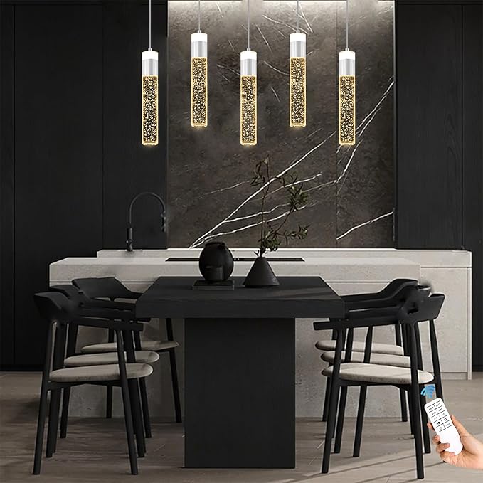 Modern LED Chrome Crystal Pendant Light Kitchen Island, Bedroom Bedside Hanging Ceiling Lamp with Crystal Bubble Column, Dimmable 3000k-6000k 1-Light Independent