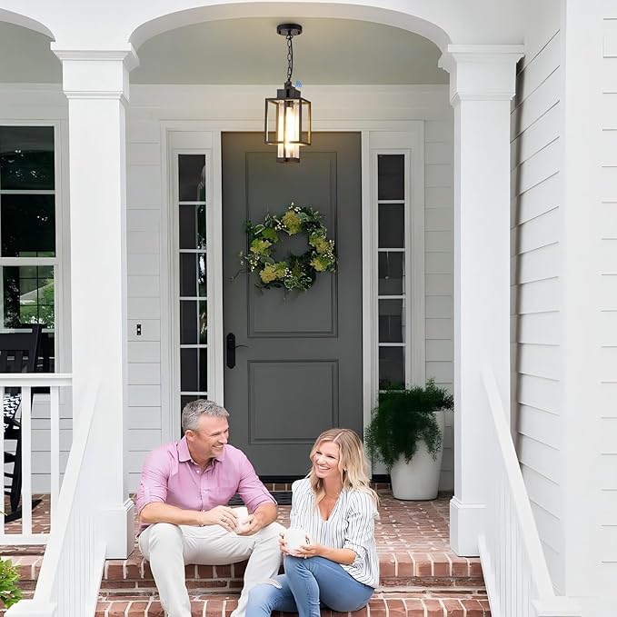 Outdoor Pendant Light Fixture, 16" Dusk to Dawn Exterior Chandelier Porch Hanging Light with Bubble Glass, Moder Black Outside Hanging Lantern for Porch Gazebo, OS-KY1005