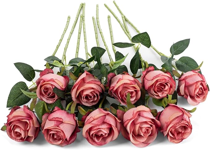 Flojery 10pcs Artificial Rose Flowers Long Stem Fake Silk Roses for DIY Wedding Bouquet Table Centerpiece Home Decor (Rose Red)