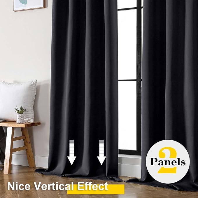 Black Blackout Curtains for Bedroom Living Room 96 Inches Long 2 Panels, Soft Solid Room Darkening Thermal Insulated Window Treatments, Modern Rod Pocket Curtain, Black, Each 40" Wx96 L