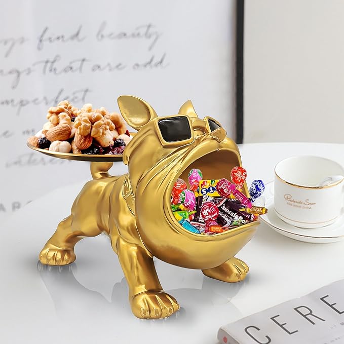 Resin French Bulldog Tray Statue, Bulldog Candy Dish Key Holder Bowl, French Bulldog Accessories, Statues for Office Desk Home Decor Figurines Entryway Table Decor (Gold)